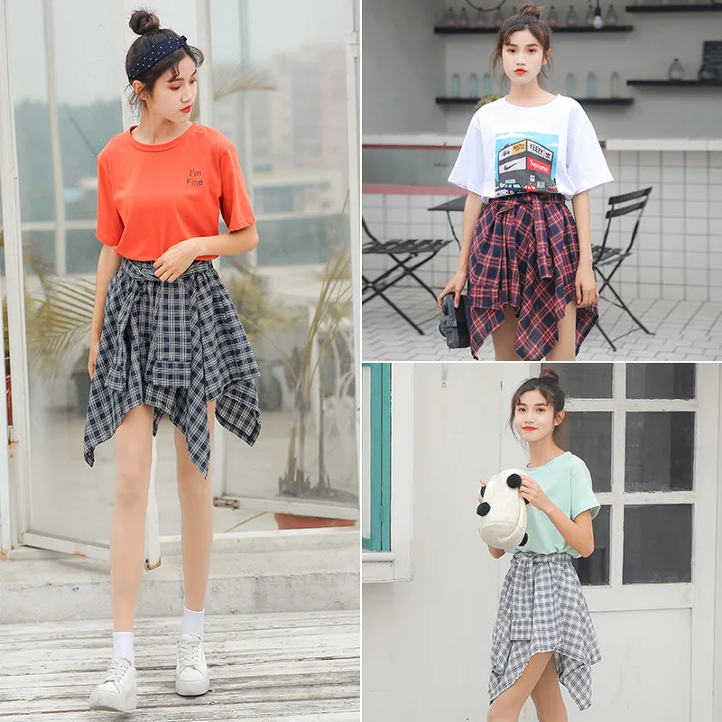 

2018 Summer Wear New Style South Korea Retro Irregular Plaid Short Skirt Students Skirt High Waist Skirt