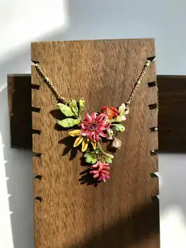 

designer sky garden series pomegranate fern leaves flowers short necklace enamel Hand Painted Jewelry