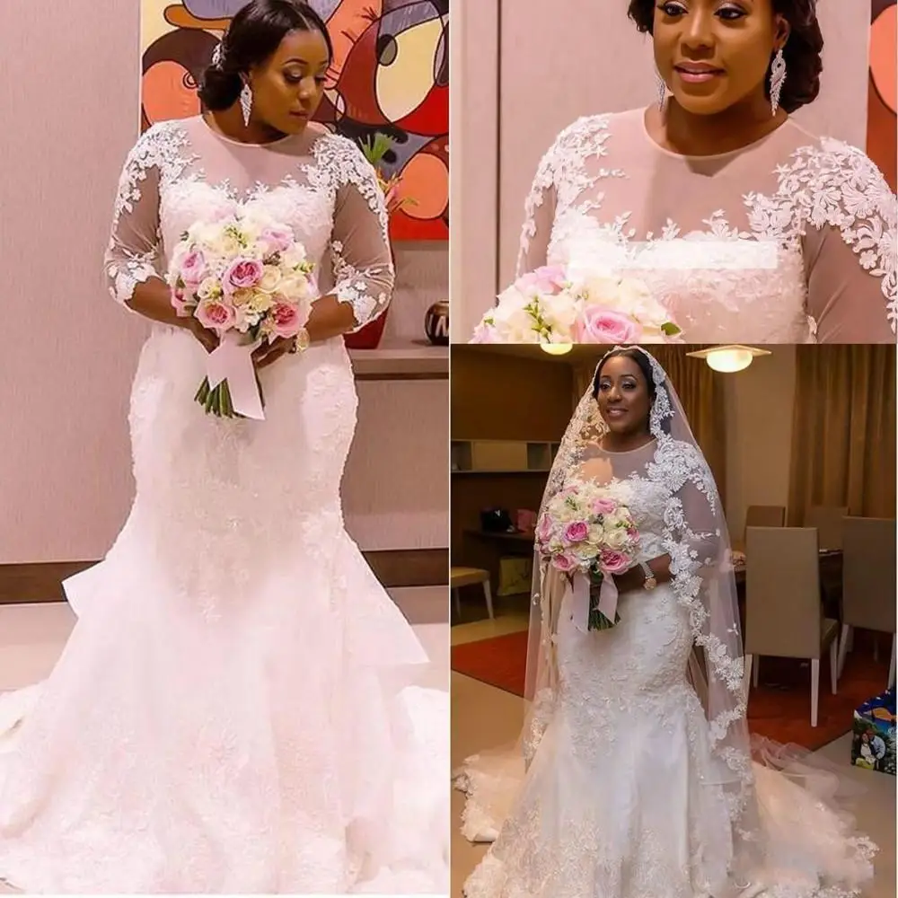 

Elegant Lace Mermaid Wedding Dresses Plus Size Bridal Gowns Long Sleeves South African Wedding Dress Vestidos De Noiva