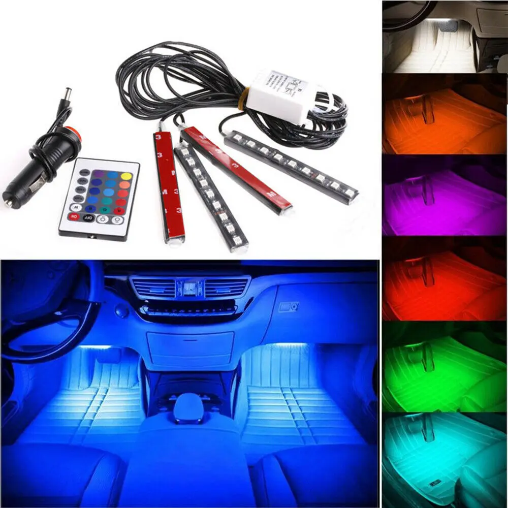 4 шт. 9LED пульт дистанционного управления красочный RGB интерьер автомобиля декор для пола 12 В огни Гибкая полоса атмосферная неоновая лампа