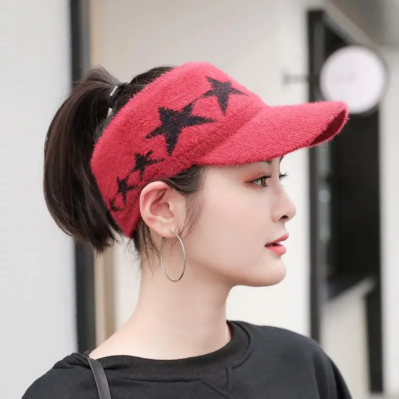 Women Autumn Winter Baseball Cap Solid Color Knitting Hollow Top Hat Warm Cap for Outdoor Sports