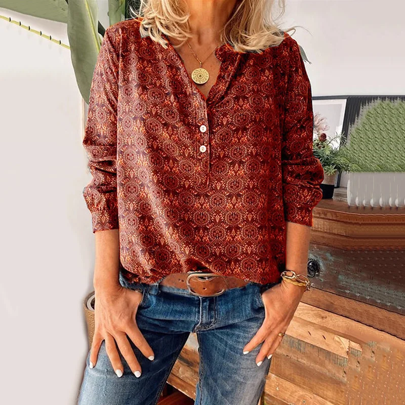 

Women T Shirt Long Sleeve Print Tops Button Casual Solid V Neck Button Female Tee Shirt Femme Work Office Dropshipping Plus Size