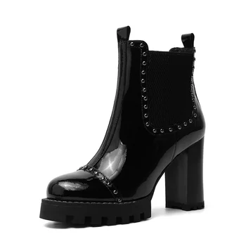 

Women's Martin boots genuine leather fabric 9CM thick high heel platform beautiful rivet female booties fashion shoes women