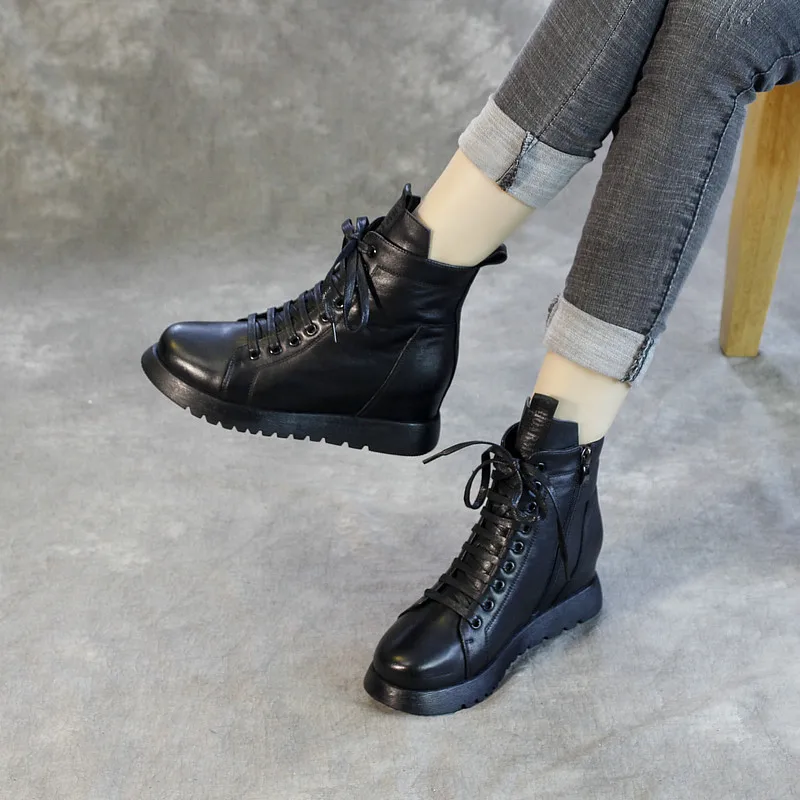 

Leather Martin boots with high lace up inside, short boots, single boots, thick bottom, slope and motorcycle boots