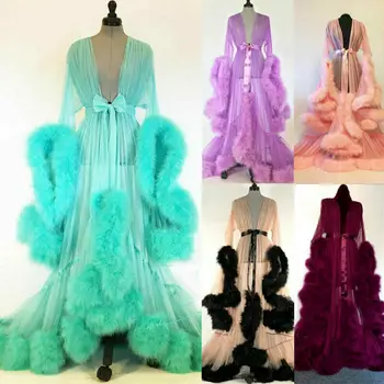 

Goocheer Women Sexy Lace Long Fur Robe Dressing Gown Kimono Full Sleeve Gown Bridal Bride Bridesmaid Babydoll Sleepwear
