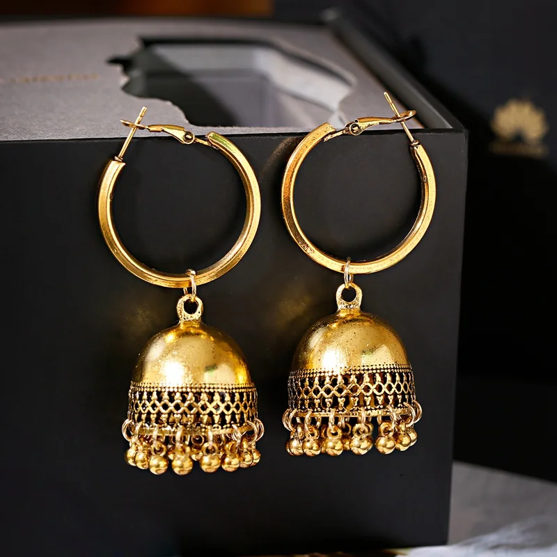 В богемном стиле этнические серьги в индийском Jhumka ручной работы Золото Ретро