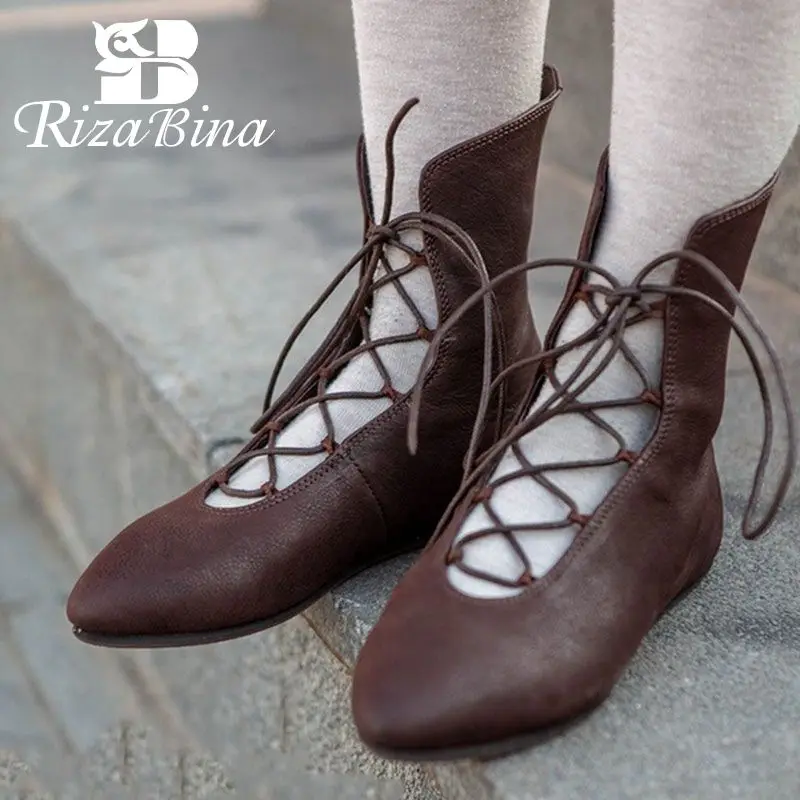 

RizaBina Plus Size 34-48 Women Ankle Boots Lace Up Pointed Toe Flats Shoes Soft Bottom Comfortable Black Boots Women Footwear