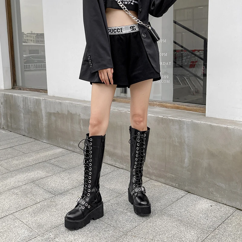 Black High Boots Platform High Heels Boots Women Lace Up Long Boots Punk Knee Boots Female Women Shoes Femmes Bottes