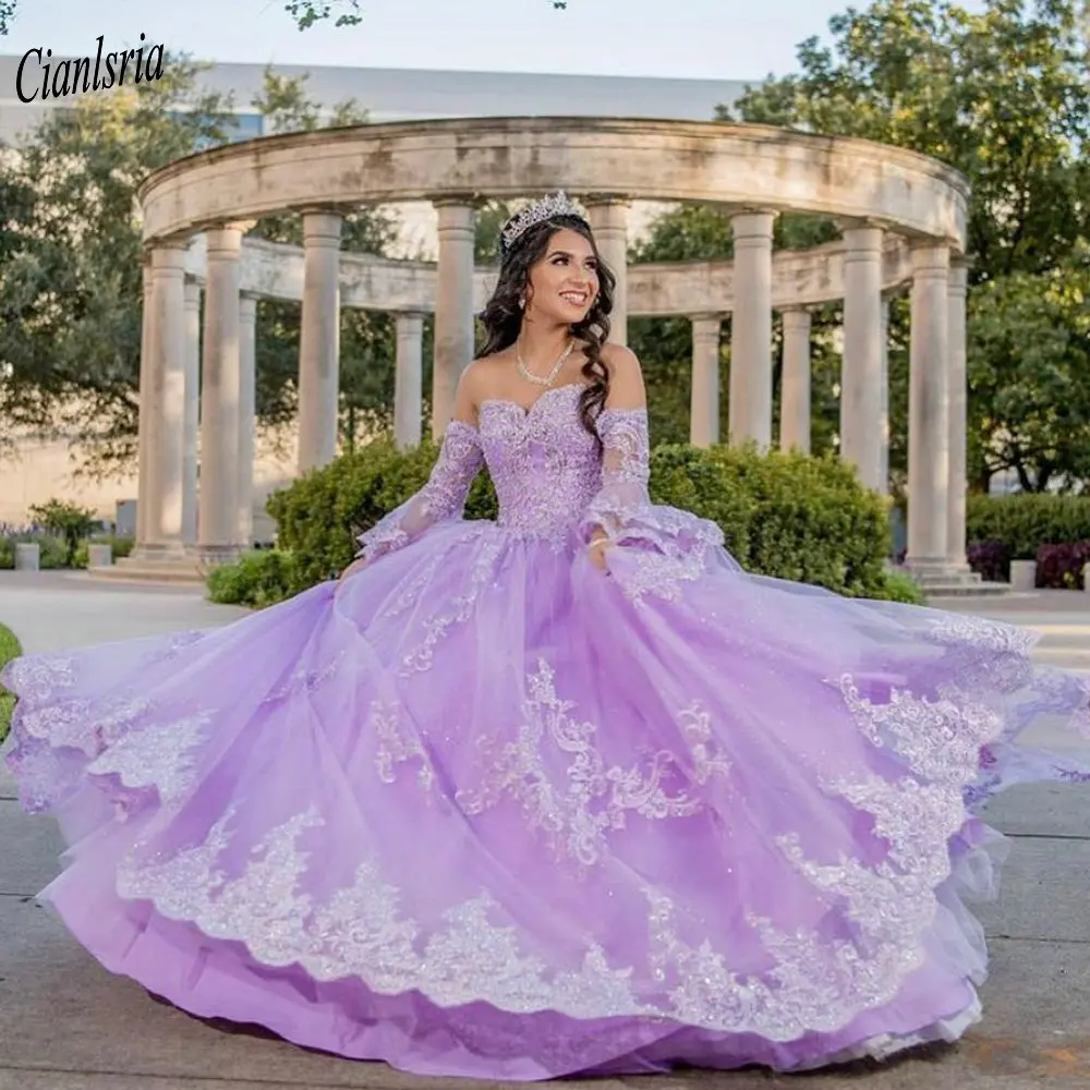 

Light Purple Long Sleeve Appliques Lace Ball Gown Quinceanera Dresses Sweetheart Beading Sweet 16 Prom Party Dress