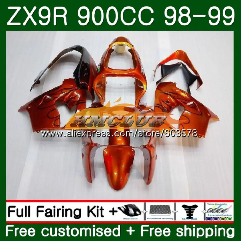 Корпус для KAWASAKI ZX900 ZX9 R ZX 9R ZX9R 98 99 00 01 оранжевый и пламя 110CL. 60 900CC ZX 9 R 900 ZX-9R 1998 1999 2000 2001 обтекатели - Цвет: No. 1