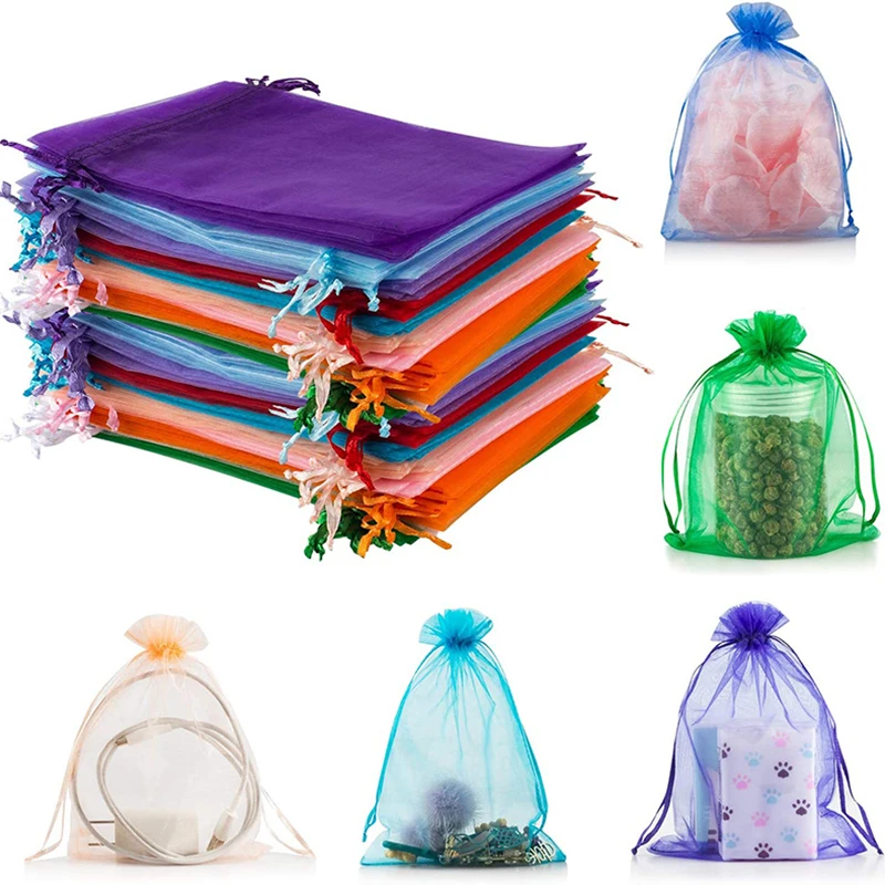 50pcs/lot Adjustable Drawstring Organza Bag 5x7cm 7x9cm 9x12cm 10x15cm  Jewelry Packaging Candy Wedding Party Gifts Pouches