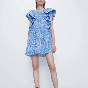 

ZA women dress blue ruffled flower printed dress pleated chic ladies slim elegant mini dress woman dresses