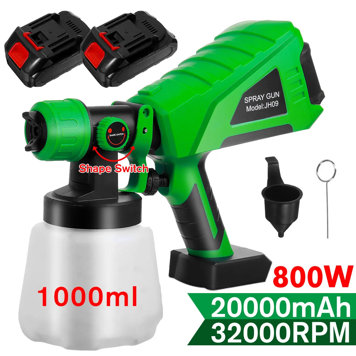 1000ml 800W Cordless Electric Paint Sprayer Spray Gun 2 Batteries