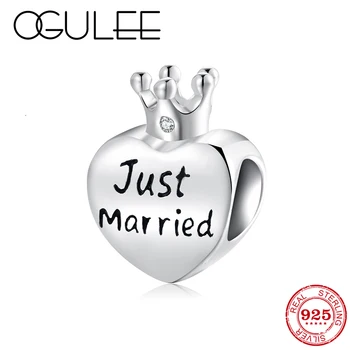 

925 Sterling Silver charms princess Heart Just married letter beads Fit Original Pandora diy Bracelets jewelry Valentine's GIFT