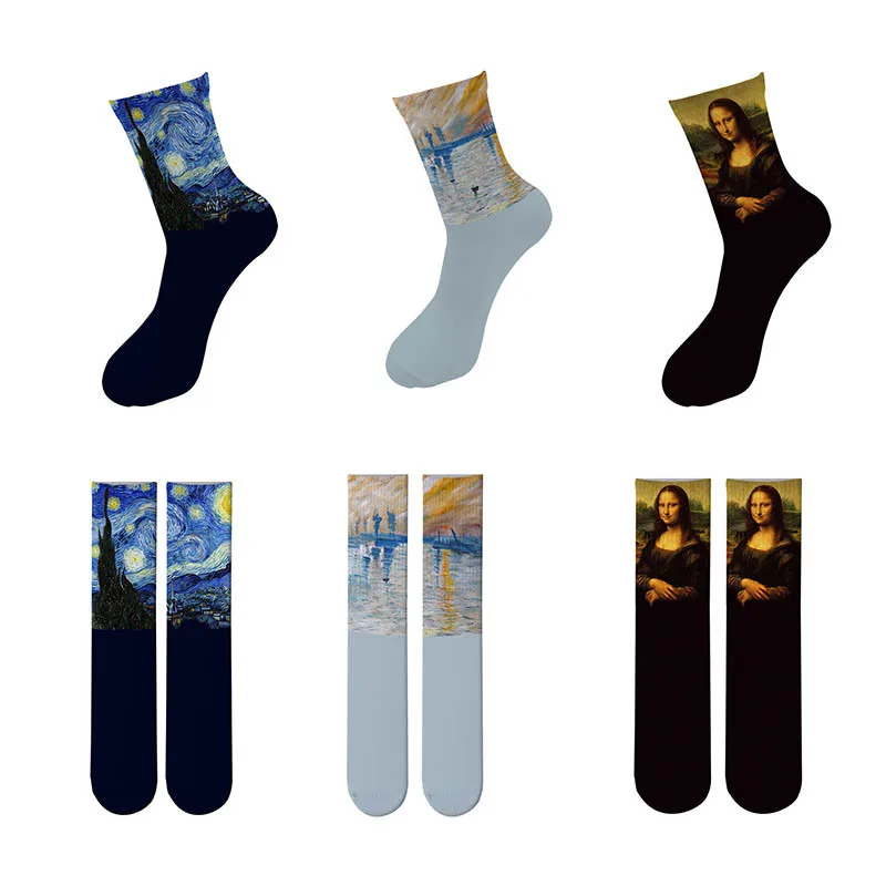 Mona Lisa Retro Printed Art Socks For Unisex Fashion Funny Famous Painting Long Socks Van Gogh Starry Night Women Cotton Socks