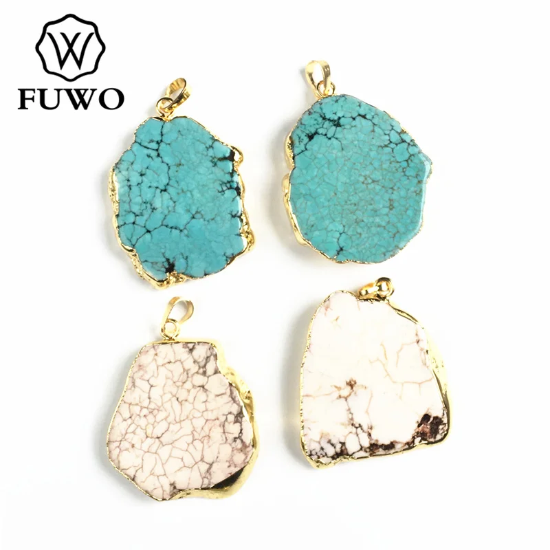 FUWO белый/синий Howlite свободная форма кулон с золотой отделкой простой дизайн камень кулон для изготовления ожерелья PD265