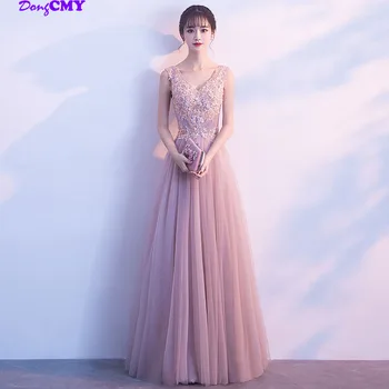 

DongCMY New Arrival Long Flower Pink Color Evening Dresses 2020 Formal V-Neck Appliques Performance Junior dress