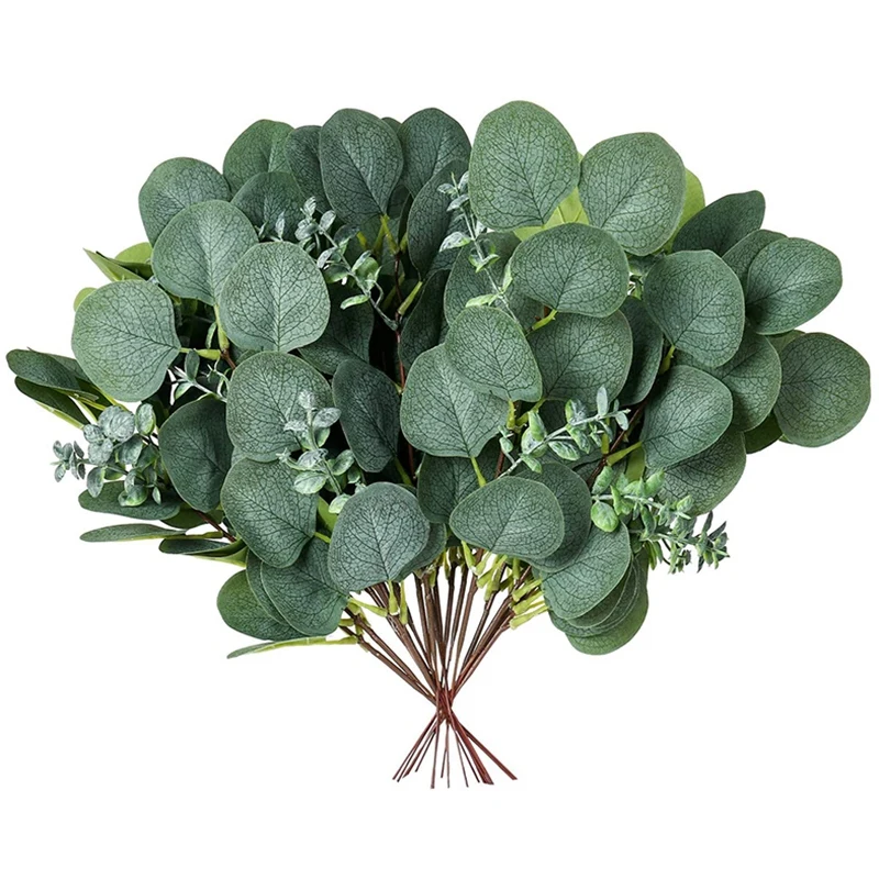 20 Pcs Artificial Silver Dollar Greenery Stems Silk Eucalyptus Leaves