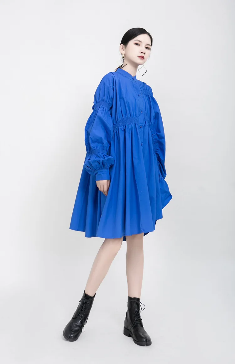 lady Autumn Fashion Solid Color Blue Fold Shirt tops stand collar Loose Form Long Sleeve blouse ZX466