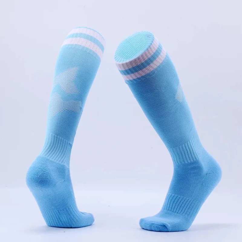 Детские футбольные носки футбольный носок для мальчиков, Детские однотонные носки выше колена длинные футбольные Гольфы мужские Гольфы бейсбольные F-5 - Цвет: Sky blue