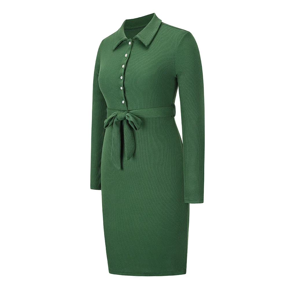 Flower Jie Autumn Dress Women Plus Size Knitted Bodycon Elegant Long Sleeve Vestidos Button Slim Casual Vintage Ladies Dresses