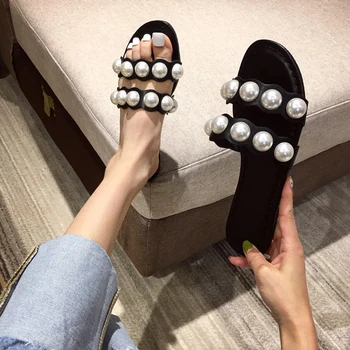 

2020 Summer Women Slippers Women's Comfortable Outdoor Flats Ladies Slides Plus Size Woman Fashion Pearl Female Beach Shoes