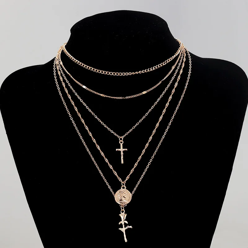 

Nz1061 New Style Accessories Europe And America Retro Elizabeth Avatar Rose Cross Multistory Necklace