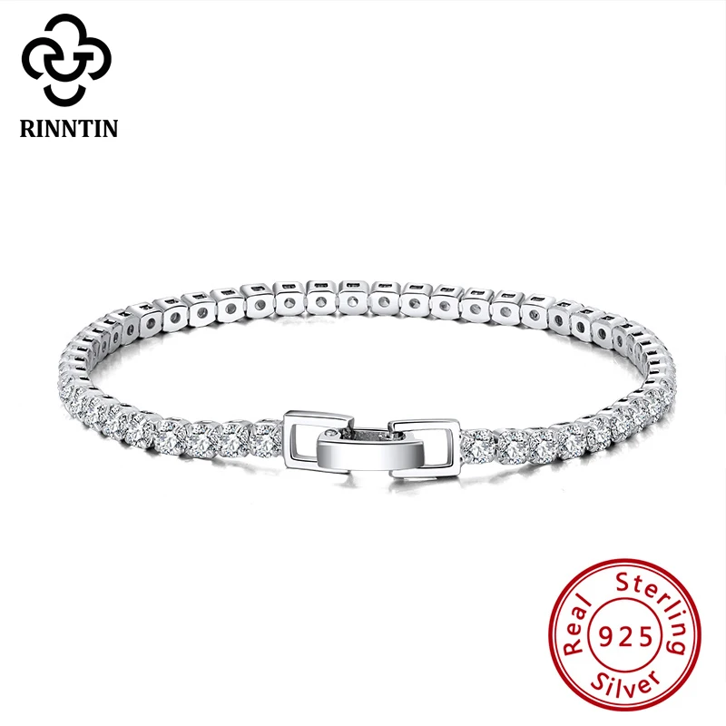 Rinntin реального 925 стерлинговый Серебряный браслет для тенниса женщин с Циркон