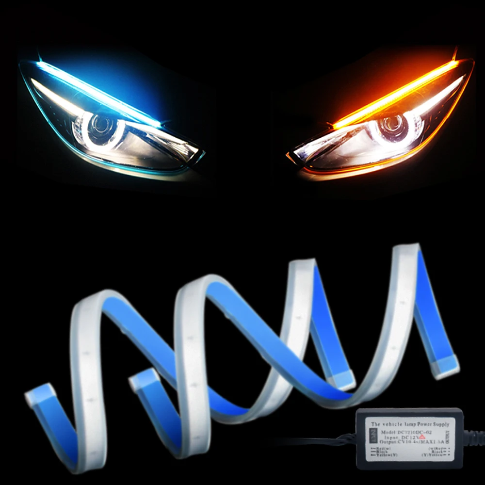 

2pcs 30cm 45cm 60cm Sequence Amber White DRL Daytime Running Light Flexible LED Strip Light Car Styling Accessories Turn Signal