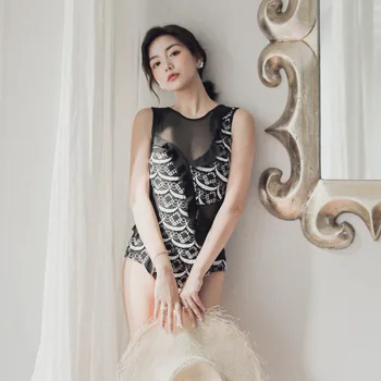 

Closed Swimsuit One Piece Swiming Suit Women Female Swimwear 20 Year New Covering Sexy Lace Woman Solid Spandex