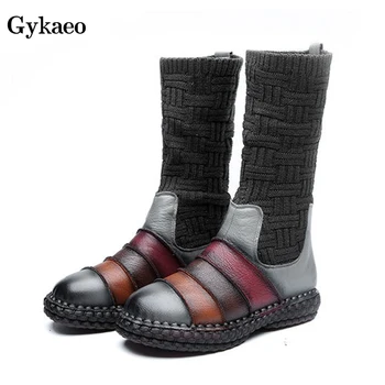 

Gykaeo Female Painted Knitted Handmade Flat Ankle Shoes for Women Genuine Leather Winter Warm Sock Boots Sweet Girls Snow Boots