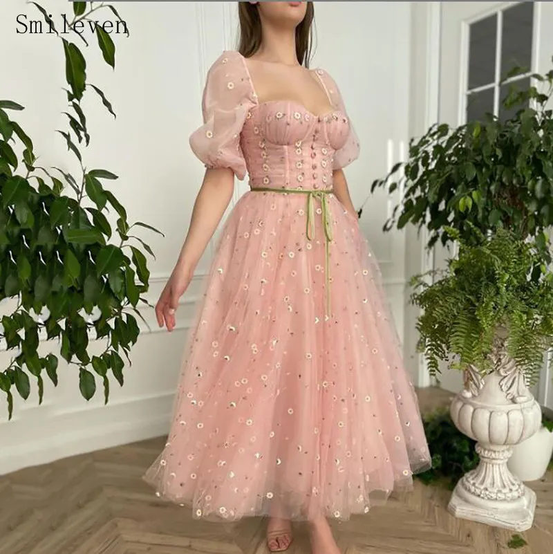 

Smileven Puff Sleeve A Line Prom Dresses Ankle Length Sweetheart Neck Flowers Prom Party Gowns With 3D Flowers Evening Gowns