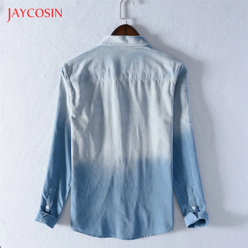 Joycosin, осенне-зимняя мужская рубашка, модная мужская одежда, вымытый старый деним, длинный рукав, воротник с отворотом, мужская рубашка с карманами, топы