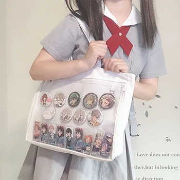

1 PC Japanese Sweet Lolita Small Fresh Harajuku Canvas Handbag Half PVC Transparent Dolls Badges Display Bag JK Itabag Cosplay