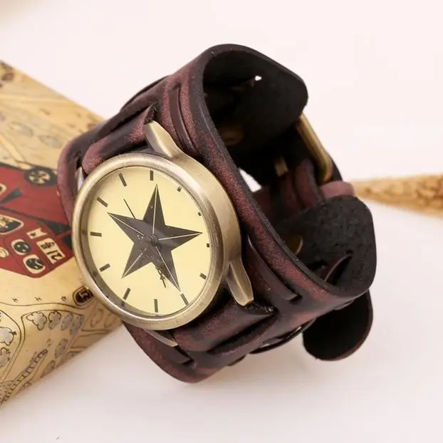 Мужские часы новые модные кварцевые часы Стиль Ретро панк Рок коричневый большой широкий кожаный браслет манжета мужские часы классные часы