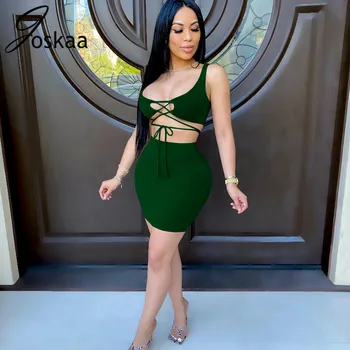 

Joskaa Tight Strap Navel Bag Hip Skirt solid sexy deep V neck lace up cutout sleeveless backless Women's Two-Piece Suit