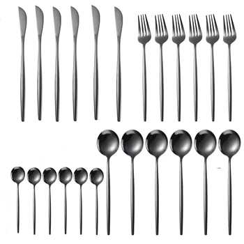 

24Pcs Black Gold Dinnerware Set Mirror Fork Tea Spoon Cutlery Set Gold Dinner Set Stainless Steel Western Kitchen Tableware Set