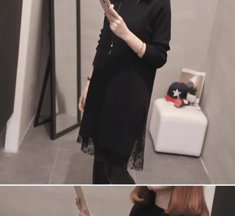 Fashion lace pleated dress top autumn new dress women's long sleeve straight cute split dress