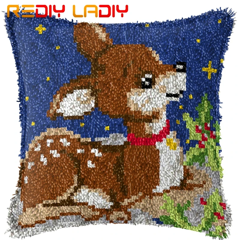 Latch Hook Cushion Christmas Deer Pre-Printed Canvas Cover Acrylic Yarn Crochet Pillow Case Hobby &amp Crafts Home Decor | Дом и сад