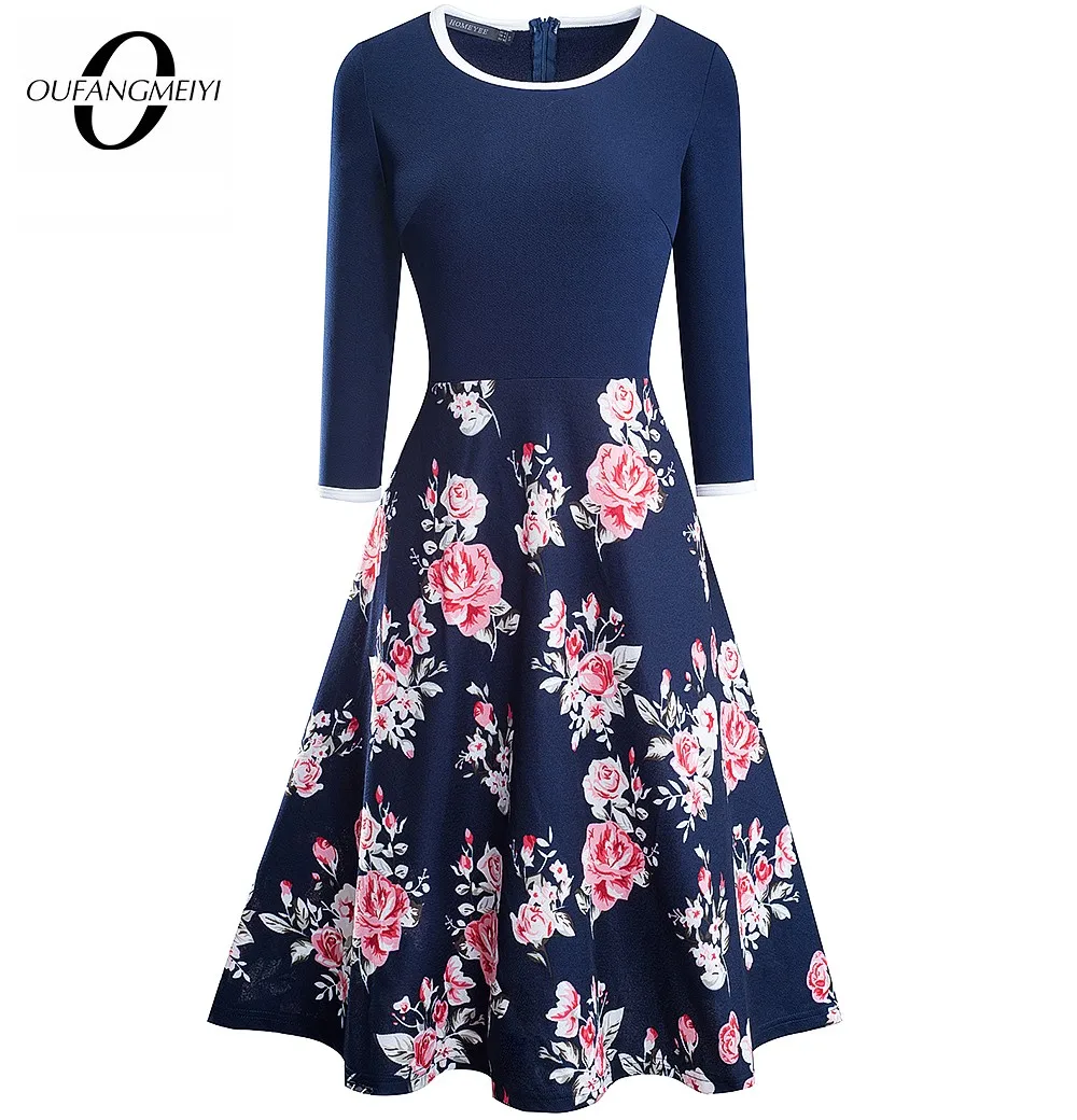 

Autumn Women Classy Floral Patchwork Print Dresses Casual Party Retro Flare Dress 1EA243