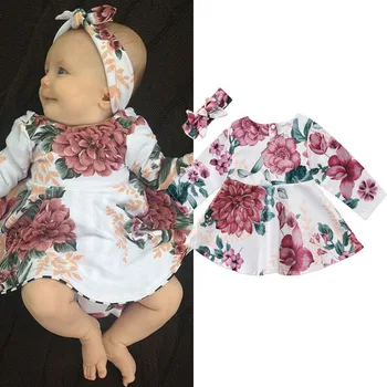 

Newborn Infant Baby Girls Dress Floral Kids Long Sleeve Dress +Headband 2pcs Outfits Set Clothes For 0-24 Month
