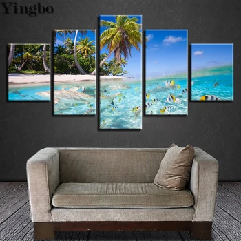 

5 Panel Diy 5D Diamond Painting Coconut Trees Fishs landscape Full Square Round Cross Stitch Diamond Embroidery Mosaic Decor