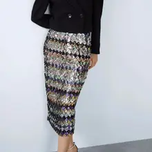 ZA Женская юбка, Осень-зима, с блестками, яркая, с высокой талией, длинная, с разрезом, повседневная, для вечеринки, макси юбка, женские юбки