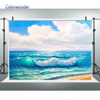 

Blue Sea Waves Backdrop For Studio Photography Blue Sky White Clounds Nature Scenery Summer Holiday Portrait Photo Background