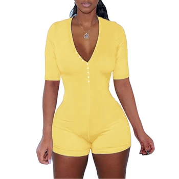 

New Hot Women's Sexy Deep V Neck Rompers Short Sleeve Button Front One Piece Bodycon Jumpsuit Nightwear Sexy Pure Color Rompers