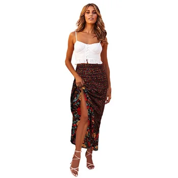 

2020 Fashion Skirt Ruffled High Waist Long Skirt Irregular Pleated Floral Skirt For Women