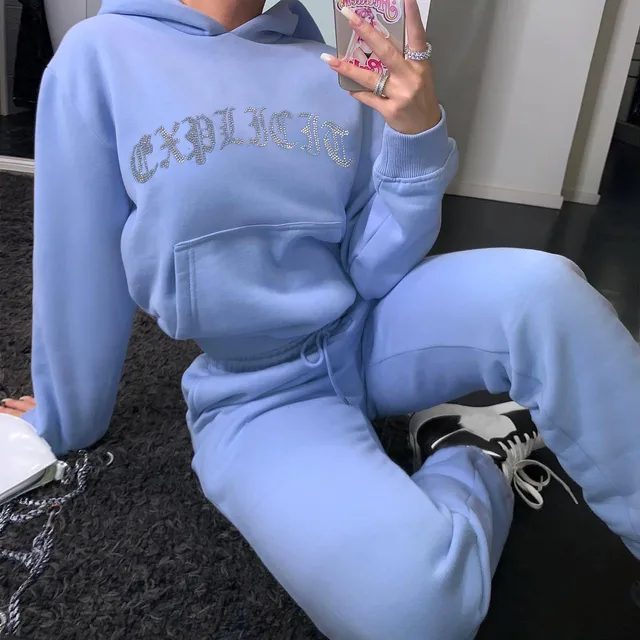 Diamonds Letter 2 Piece Sets Women Tracksuit Long Sleeve Zip-up Hooded  Sweatshirts Crop Top And Shorts Solid Jogger Suits