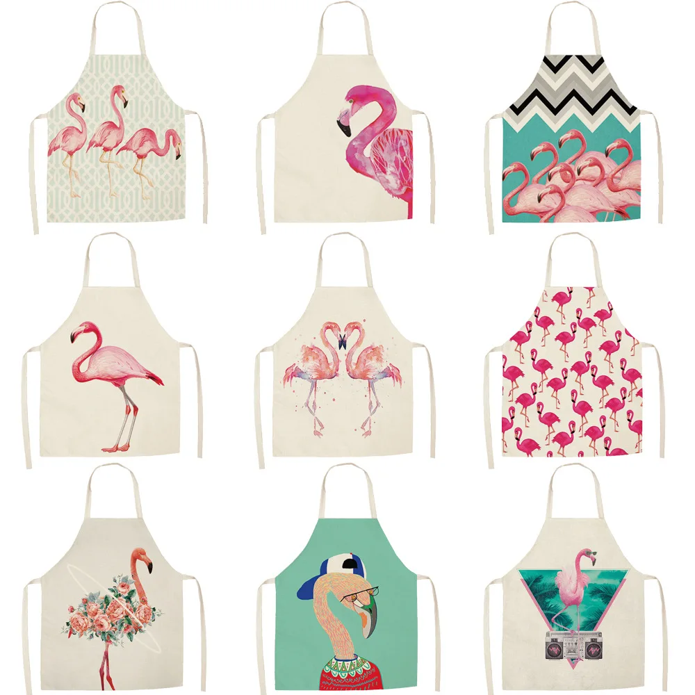 Women Kitchen Apron Cotton Linen Cute Flamingo Sleeveless Chef Cooking Aprons Kitchen accessories 68*55cm 0086
