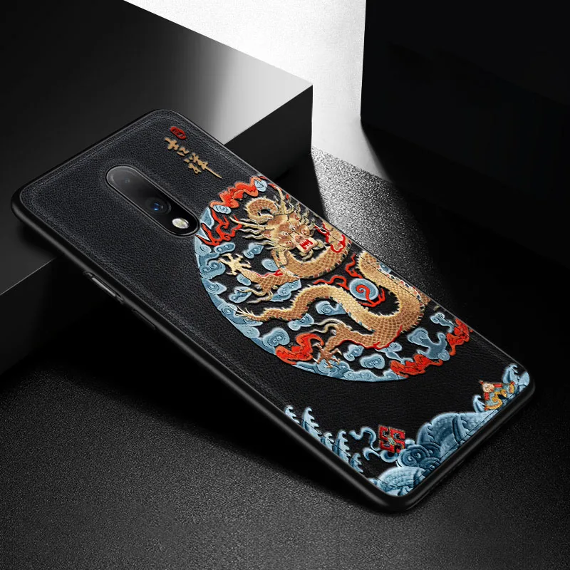 Black Для OnePlus 7 Pro Чехол Ультра тонкий защитный винтажный китайский стиль PU задняя крышка силиконовый для OnePlus 7 Pro Чехол Coque Fundas - Цвет: Black