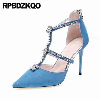 

thin rhinestone blue diamond pumps size 4 34 scarpin ladies 2019 party female crystal high heels shoes t strap china pointed toe